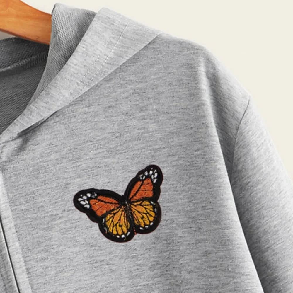 Women's Solid Color Zip Up Hoodie with Butterfly Embroidery